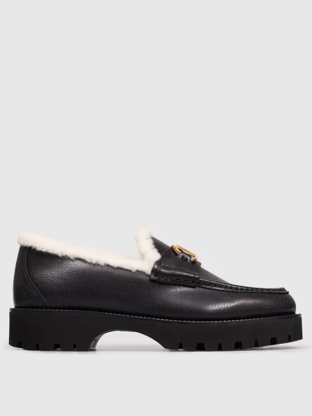 Шкіряни лофери на хутрі емблемою VLogo Valentino чорні