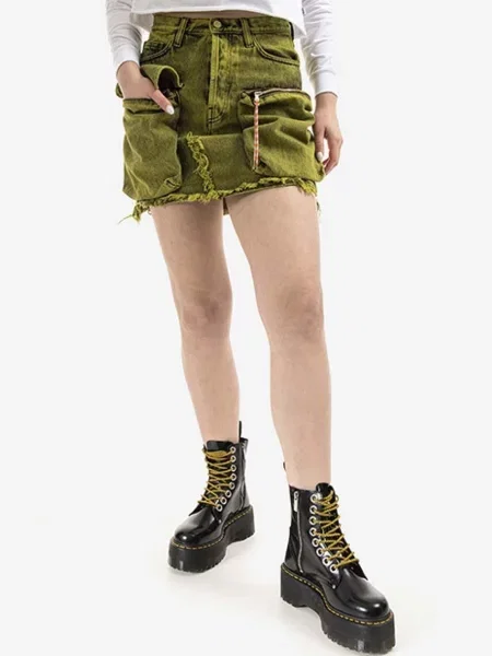 Aries fustă din denim Acid Washed Cargo Skirt mini drept verde
