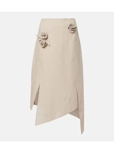 Fustă midi Coperni de in cu model floral până la genunchi bej