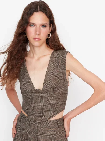 Top Trendyol w kratę brązowy