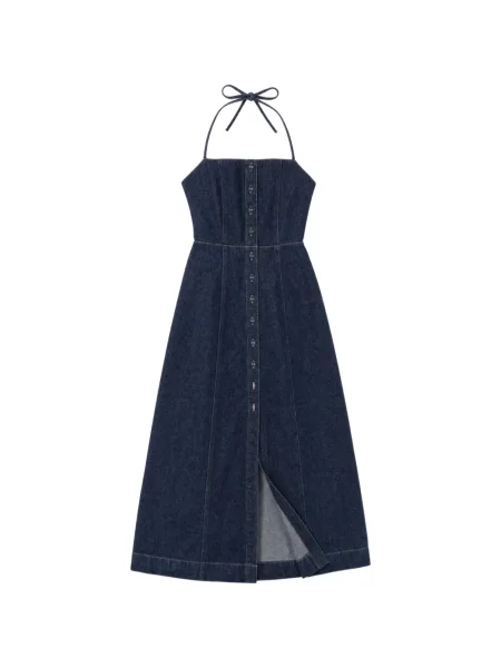 Rochie din denim Reformation cu gât halter albastru
