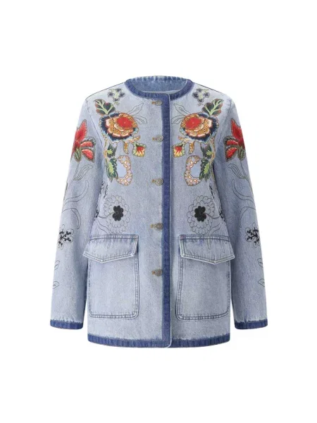 Haftowana kurtka jeansowa Valentino w kwiatki niebieska