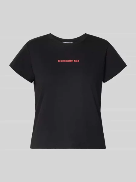 T-shirt z nadrukiem z napisem i okrągłym dekoltem Review czarna