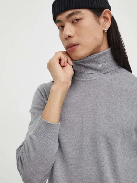 HUGO pulover de lana barbati light cu guler gri