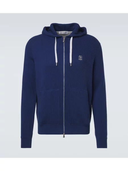 Плетен суичър с качулка Brunello Cucinelli синьо