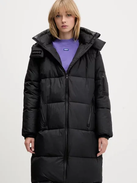 Płaszcz pikowany o kroju relaxed fit z odpinanym kapturem Hugo Blue czarny