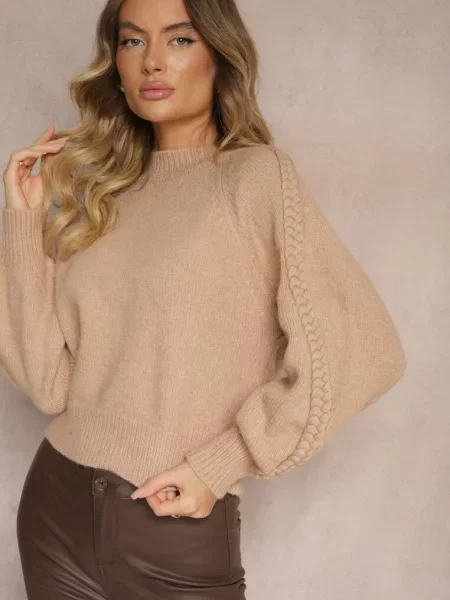 Ciemnobeżowy Sweter z Wiskozą i Splotem w Stylu Warkocz z Półgolfem Sinithia beżowy