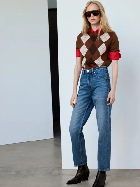 Sweter z krótkim rękawem w romby Kobieta S MANGO brązowy