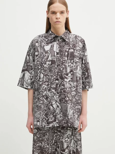 Marcelo Burlon camasa din Aop Mech Bowling Shirt Dark Grey Medium barbati cu guler clasic relaxed gri