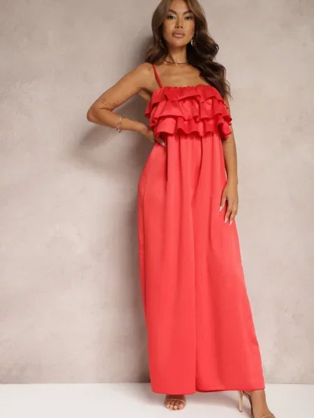 Koktajlowy Kombinezon na Ramiączkach z Regulacją i Gumką w Talii Uesvia czerwony