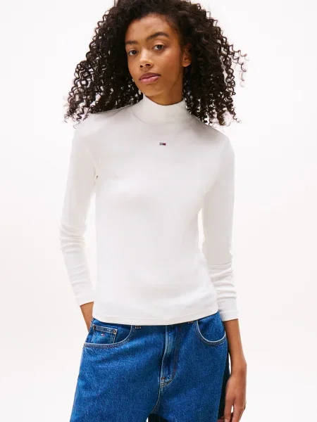 Tricou Tommy Jeans cu guler înalt alb
