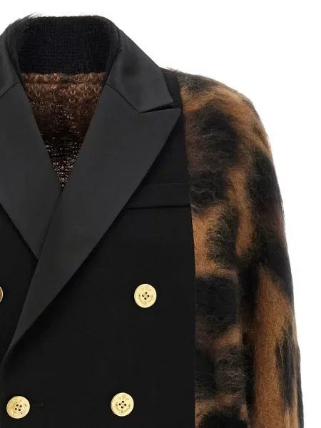 Двуредна жилетка Sacai с принт с леопардов принт черно