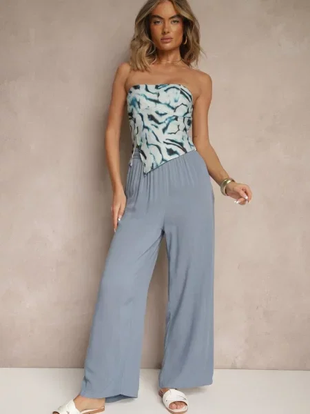 Spodnie z Bawełny o Prostych Nogawkach z Gumką i Sznurkiem w Pasie Efrara niebieskie