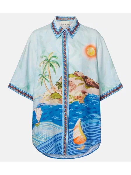 Cămașă de in Alemais de in cu imagine albastru