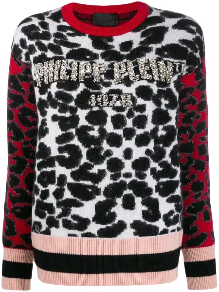 Pulover Philipp Plein cu franjuri cu imprimeu animal print alb
