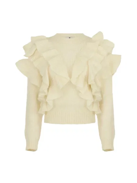 Dzianinowy sweter Elisabetta Franchi z falbankami beżowy