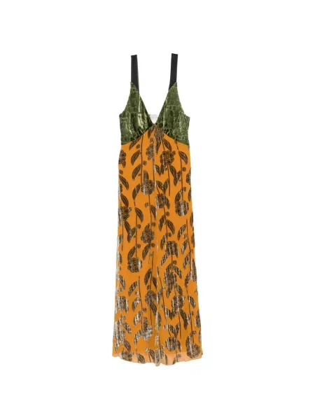 Rochie maxi Forte_forte de catifea cu model floral portocaliu