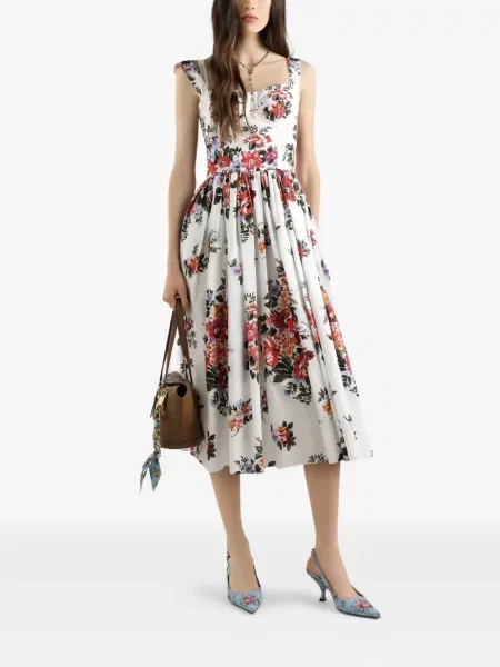 Gėlėta raštuota midi suknelė Dolce & Gabbana iki kelių balta