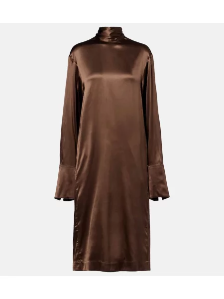 Satynowa sukienka midi Dries Van Noten do kolan garniturowa brązowa