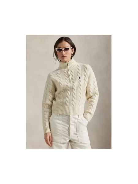 Kardigan Polo Ralph Lauren wełniany z logo z dekoltem w serek beżowy
