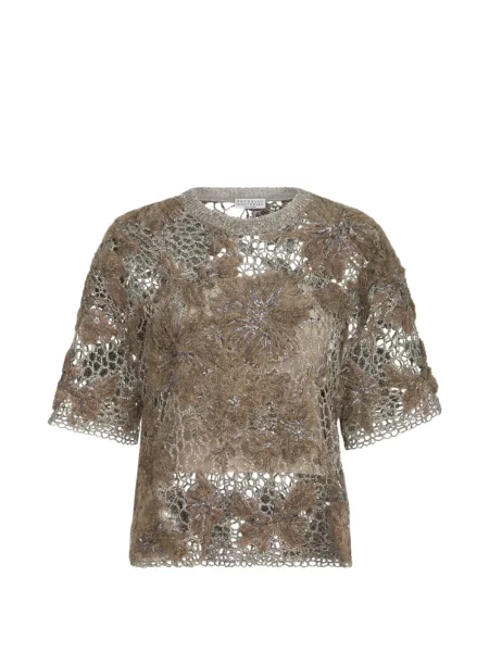Tricou Brunello Cucinelli cu broderie de lână maro