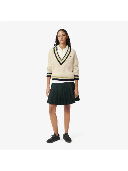 Lacoste Wełniany Sweter Z Dekoltem V Z Blokadą Koloru Relaxed Fit Kremowy Kremowy