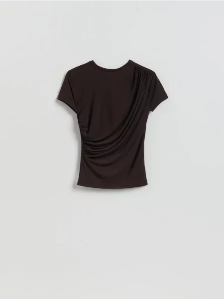 Reserved Tricou cu pliuri decorative maro-închis maro