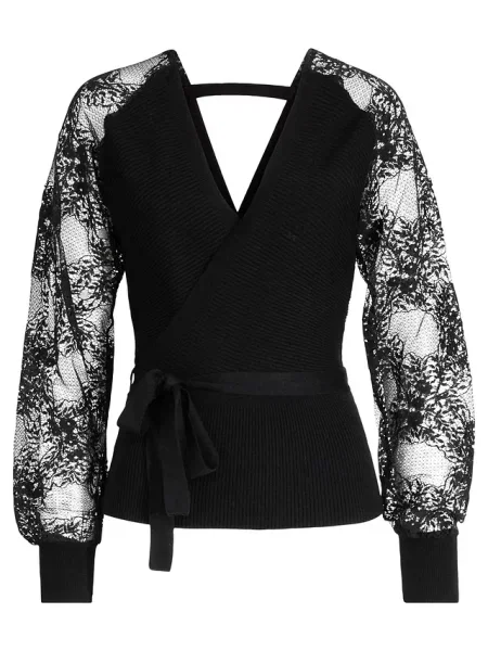 Sweter z cienkiej dzianiny z koronką czarny
