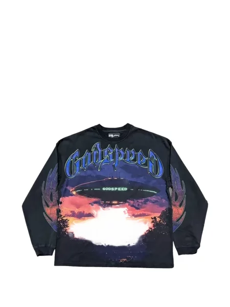 Lung tricou Godspeed cu imagine negru