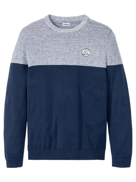 Sweter z gładkiej dzianiny we wzór colourblocking z bawełną niebieski