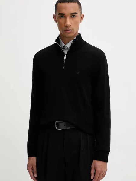 Calvin Klein sweter wełniany lekki z półgolfem czarny
