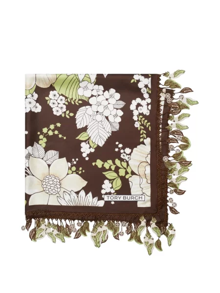 Fular Tory Burch de mătase cu model floral maro