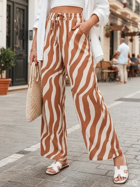 Spodnie wide leg w paski ZEBRAVIBE beżowo-kamelowe Dstreet