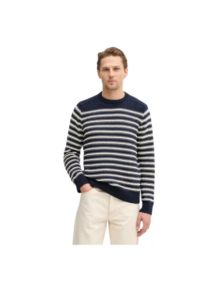 Sweter Guess w paski z paskiem niebieski