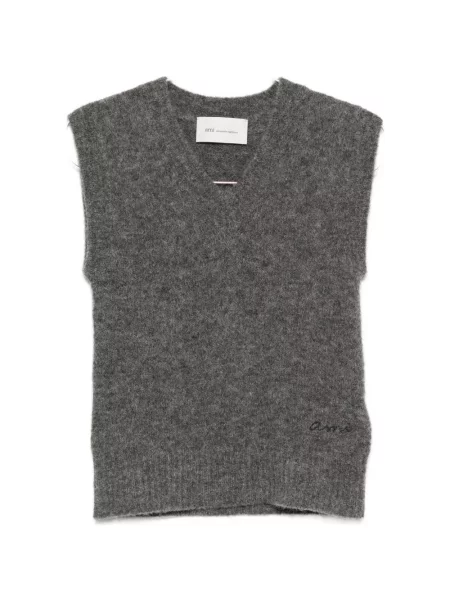 Pulover Ami Paris cu broderie cu decolteu în V gri