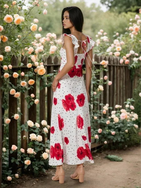 Міді сукня в горох із маковим мотивом різнобарвний