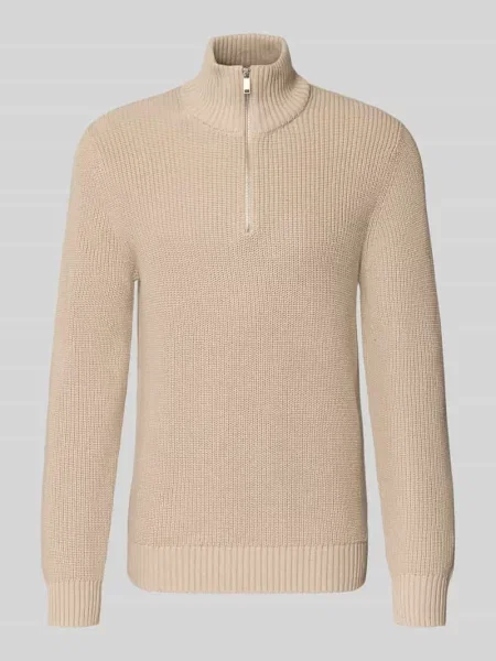 Sweter z dzianiny o kroju slim fit z czystej bawełny z kołnierzem zapinanym Mcneal beżowy