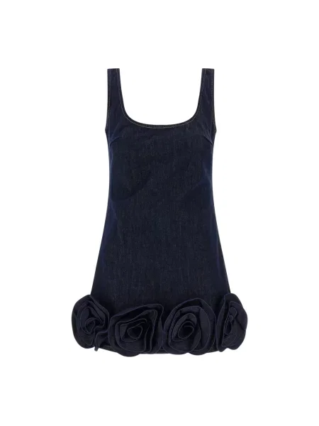 Mała sukienka jeansowa Self-portrait w kwiatki garniturowa niebieska