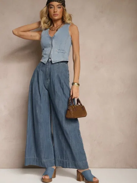 Granatowe Szerokie Jeansy z Bawełny High Waist Cohna niebieskie