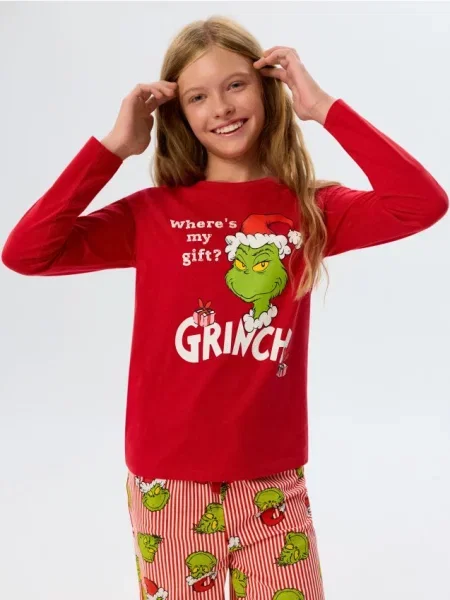 Sinsay vánoční pyžamo s potiskem Grinch červená