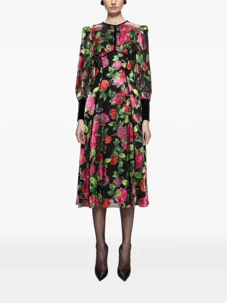 Rochie midi Nissa de mătase cu model floral negru