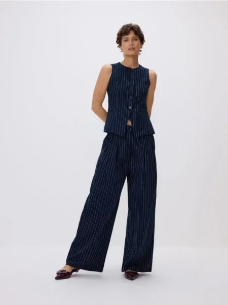 Reserved Широкі штани з високим вмістом льону темно-синій сині