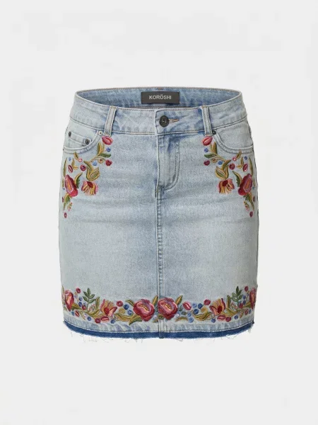 KOROSHI Fustă albastru denim / maro deschis / oliv / intens roșu