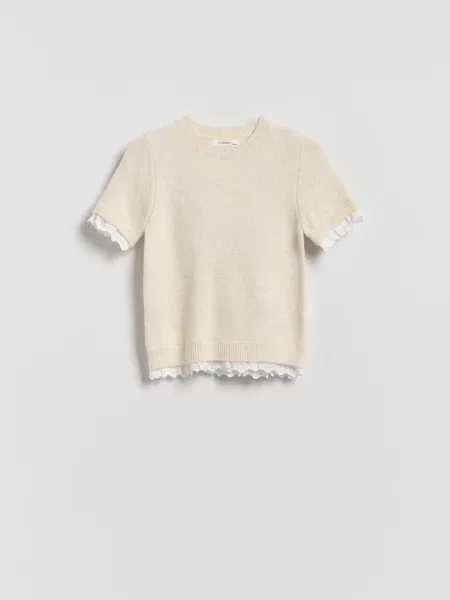 Reserved Sweter z koronką kremowy