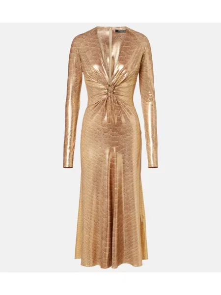 Sukienka midi Roberto Cavalli z nadrukiem w wężowy wzór do kolan złota