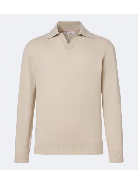 Tricou polo Brunello Cucinelli din cașmir bej
