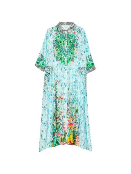Rochie tip cămașă Saraco de mătase cu model floral cu imagine verde