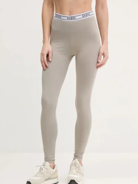 Guess legginsy ALINE brązowy z nadrukiem beżowe