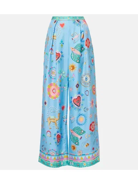 Pantaloni Camilla de mătase cu imagine albastru