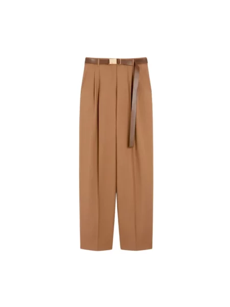 Spodnie szerokie z płótna i żywej wełny model ‘BERGAMO’ Max Mara Studio brązowe